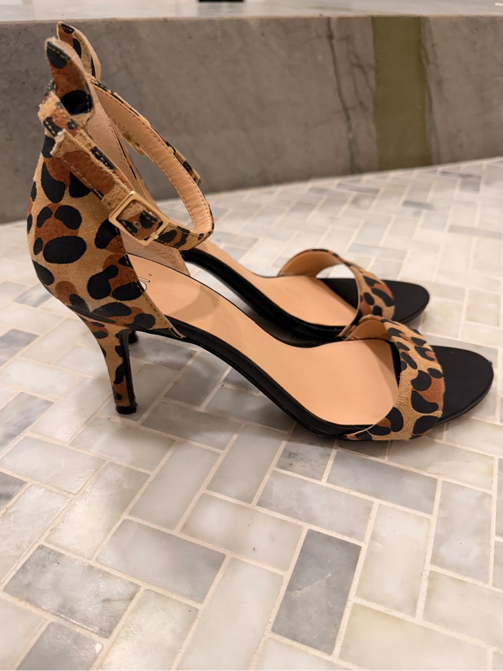 bp Leopard Print Ankle Strap Heels in Black and Tan